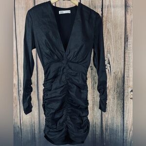 Zara Black Gathered V-Neck Mini Dress